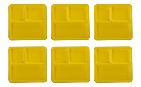 LIFEPLAST Partitioned set Microwave Safe 3 compartment divided dinner plates - Set of 6 (Square, Yellow)
