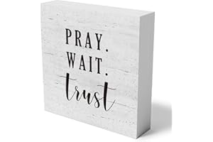 mmiishe Pray Wait Trust Christian Wooden Box Sign Decorative Farmhouse Scripture Wood Box Sign Home Decor Rustic Square Desk Decor Sign for Shelf 5 x 5 Inches