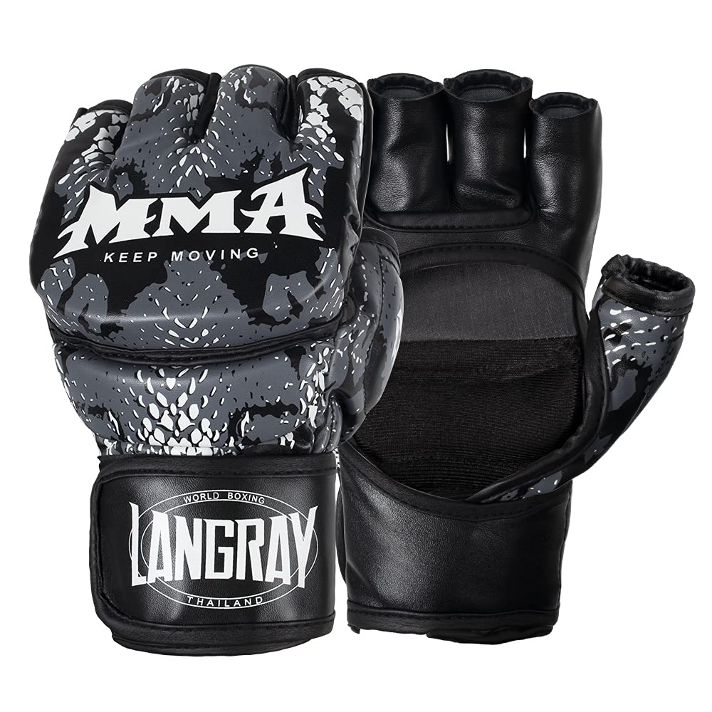 LangRay MMA Gloves, Sparring Grappling Boxing Gloves Martial Arts Mitts Padded Punching Bag Gloves Adjustable Wrist Protection Gear for Kickboxing Muay Thai Combat Sports Training, S