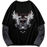 GORGLITTER Men's Y2k Goth Shirt Jersey Letter Graphic Color Block Oversized Long Sleeve Crewneck Vacation Tee Tops