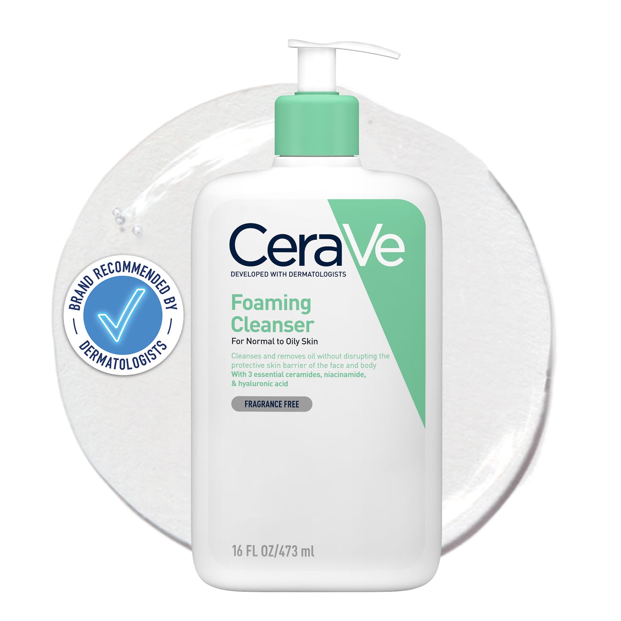 CeraVe Foaming Cleanser for Normal to Oily Skin with Niacinamide & 3 Essential Ceramides, Developed with Dermatologists, Gently Cleanses & Removes Excess Oil, Fragrance-Free