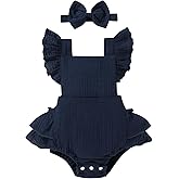 Happy Town Baby Girl Clothes Toddler Summer Linen Romper Sleeveless Ruffle Outfits Infant Girls Jumpsuit with Headband