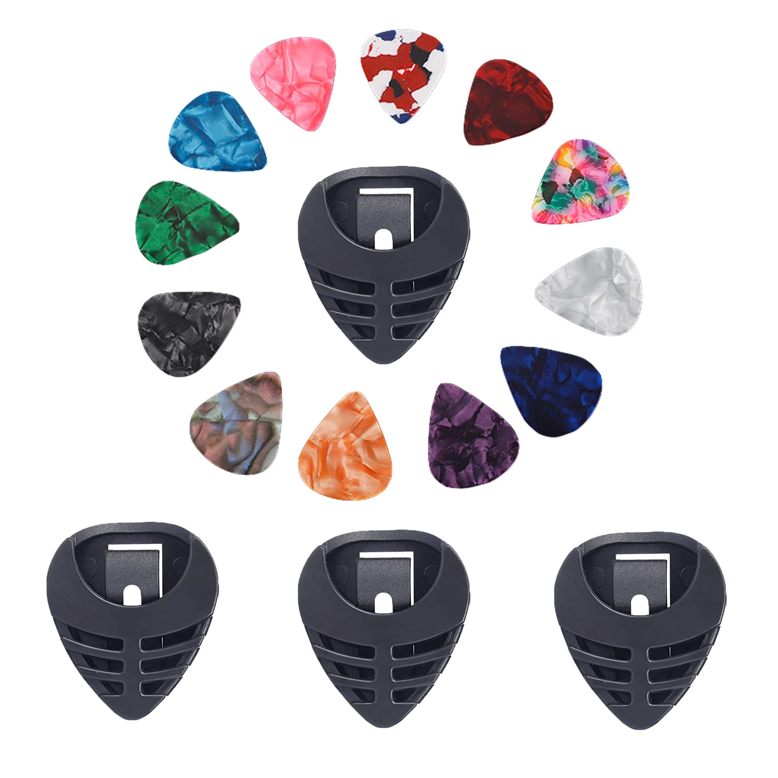 SHULLIN 16 Piece Guitar Pick Set with 4 Pick Holders, 12 Pieces Guitar Picks Made of Celluloid with 0.46 0.81 1.2 mm Thick Guitar Picks Holder Celluloid Guitar Plectrum for Bass Electric Guitar