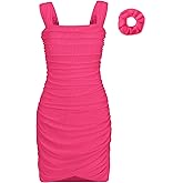 EXARUS Girls Dance Dress with Built in Bra Teen Ruched Bodycon Mesh Front Wrap Hem Tween Easter Party Tight Mini Dresses
