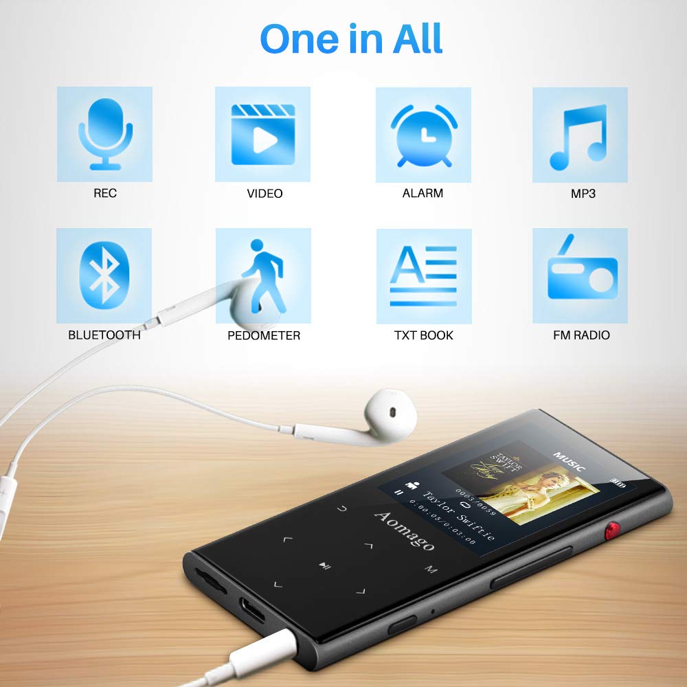 Aomago Music MP3 Player Bluetooth with Speaker - 2 in 1 Lossless Music Player with 2.4\'\' Screen Voice Recorder FM Radio Compact Touch Botton Digital MP3 Player Portable Pedometer, Support up to 128GB