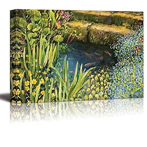 Canvas Prints Wall Art - A Small Tranquil Pond with Fishes and Colorful Blooming Flowers in Oil Painting Style | Modern Wall Decor/Home Art Stretched Gallery Canvas Wraps Giclee Print -12" x 18"