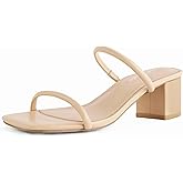 Shoe'N Tale Strappy Heels for Women Square Open Toe Two Strap Low Block Heel Slip on Dressy Sandals Shoes