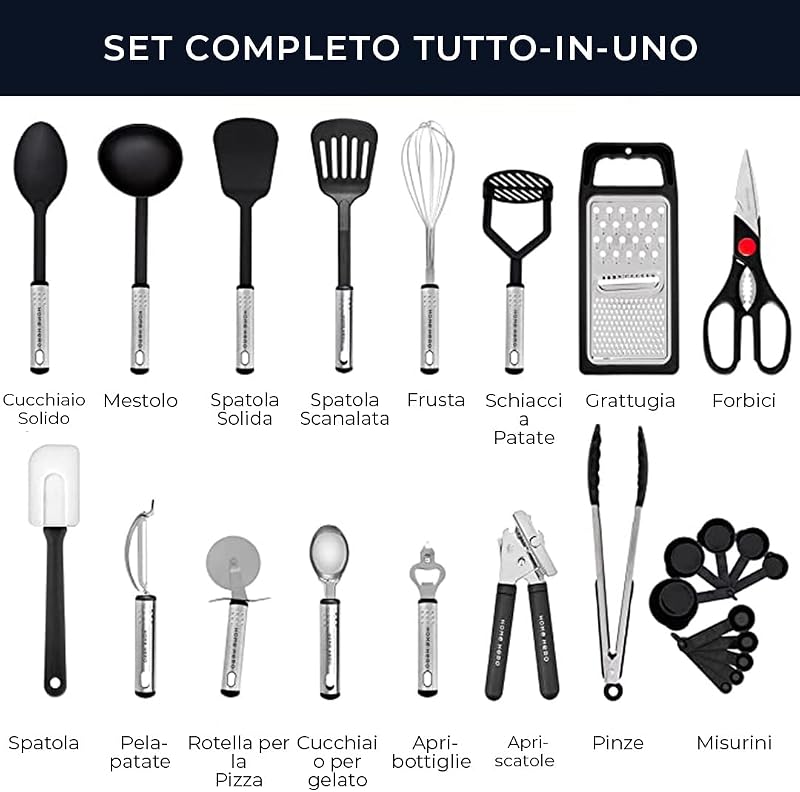 Utensili Cucina Set Termoresistenti al Calore e Antiaderente - Mestoli Spatola Cucchiaio Frusta Pinze Forbici (25 pezzi Nylon Set) — foto 3 di 8
