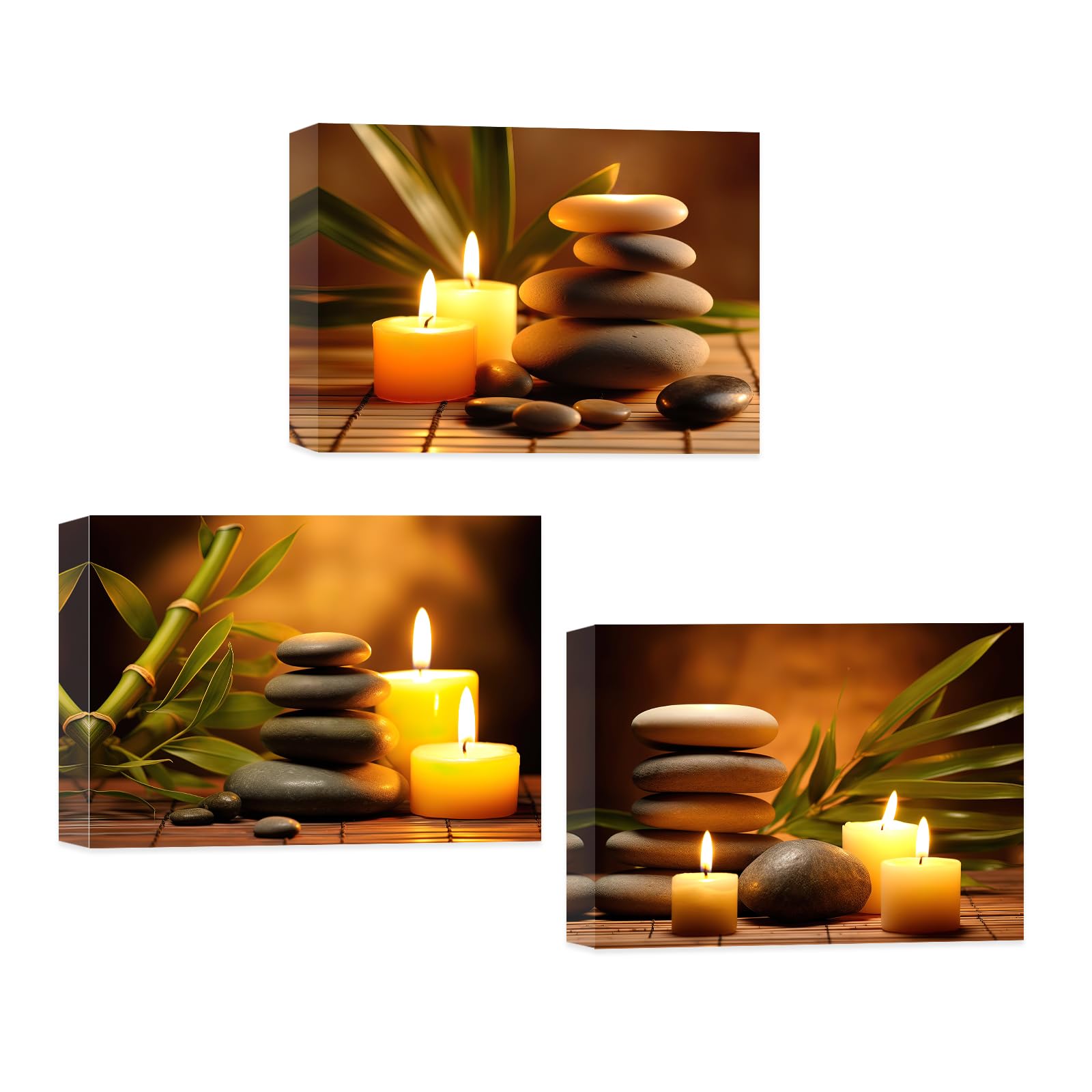 CCWACPP Zen Canvas Wall Art 3 Piece Burning Candles and Zen Stones Picture Prints for Yoga Spa Meditation Spiritual Room Bathroom Decor Frame (30x40cmx3P)