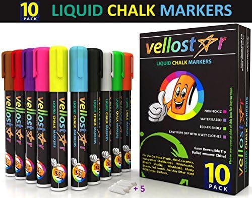 Vellostar Liquid Chalk Markers, Premium Quality, 10-pack, 5 Extra Tips, Child Safe and Non-toxic, 6mm Reversible Tip, Great to Paint on Glass and Non-porous Surfaces, Perfect Gift by Vellostar LLC
