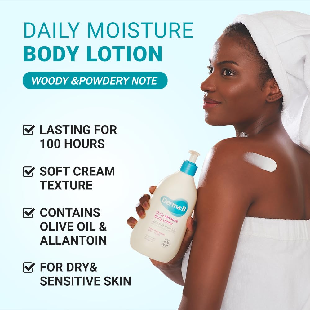 Derma B Daily Moisture Body Lotion | Body Cream for Dry Skin | Long-Lasting Body Moisturizer for Sensitive Skin | Woody & Powdery Scented | Skincare with Panthenol, Shea Butter | 13.5 fl oz (400ml)