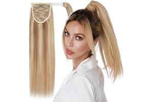 MY-LADY Ponytail Extension Human Hair 22 Inch Golden Brown & Bleach Blonde Wrap Around Drawstring Real Remy Hair Ponytail Lon