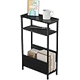 THUMEYE 7.1" Narrow Side Table for Small Spaces, 3 Tier Small End Table with Magazine Holder, Slim/Skinny Nightstand/Bedside Table for Living Room, Bedroom, 15.4" L x 24.2" H, Black