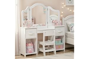 Arlopu Kids Vanity Set, 2 in 1 Toddler Makeup Dressing Table and Chair Set w/Detachable Tri-fold Mirror, Open Shelves, Princess Wooden Pretend Play Desk Furniture Toy for Little Girl (White)