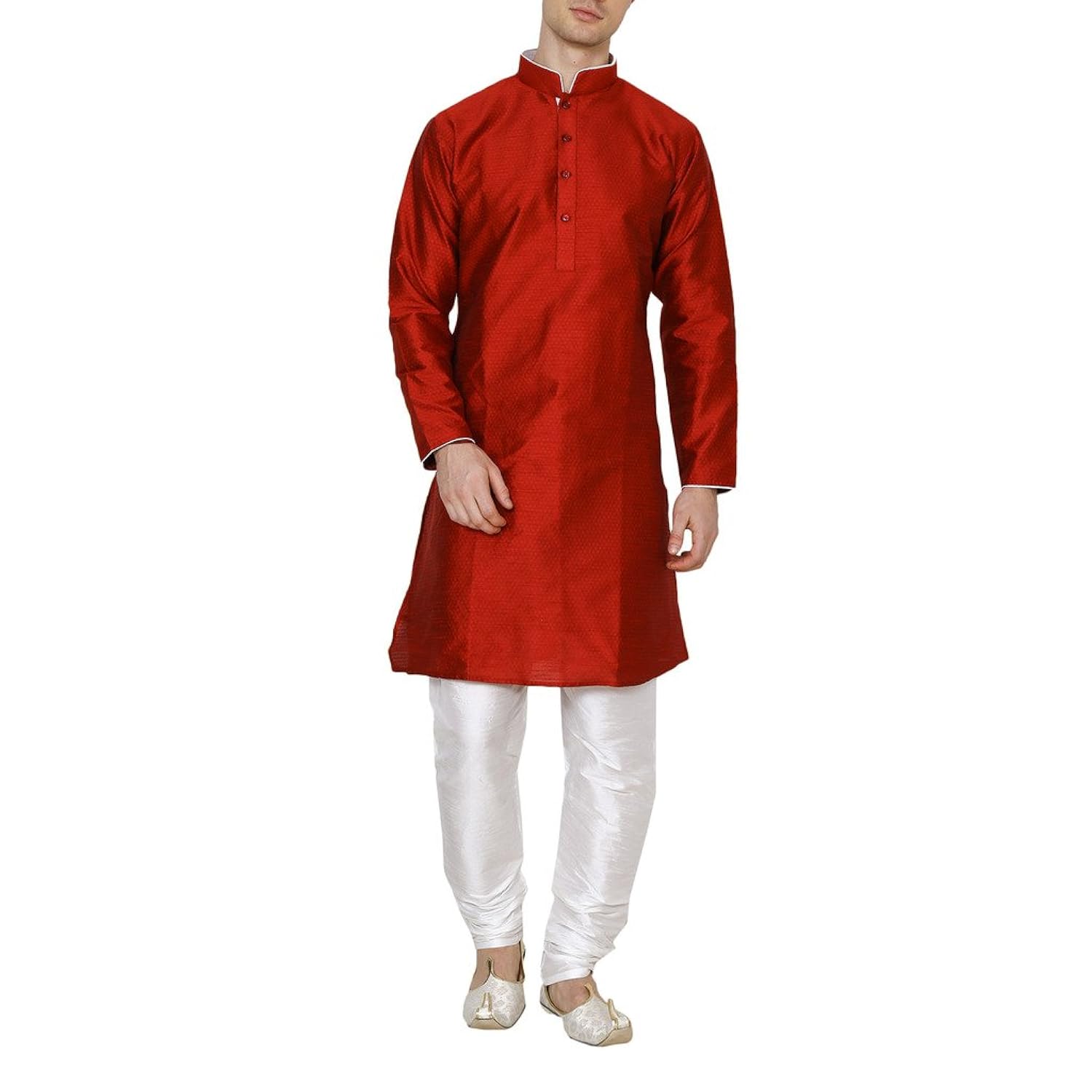 royal kurta men's self jacquard silk contrast piping kurta churidar