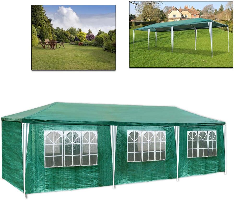Huigou 3 x 9m Waterproof Tent Gazebo Made from polyethylene, with Steel Pipes, 6 Removable Side Panels and 2 entrances