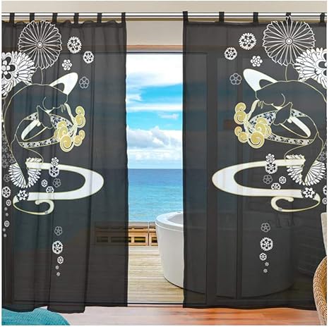 Amazon ユキオ Ukio オーダーメイド Diy レースカーテン 紗のカーテン 人気 可愛い お洒落 懐かしい和柄 可愛い和柄 黒 スタイル カーテン 2枚セット幅140丈210 レースカーテン オンライン通販