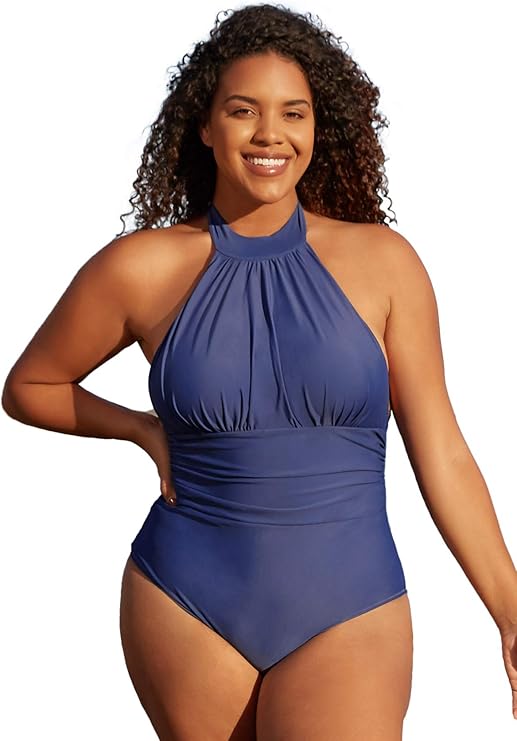 CUPSHE Women's One Piece Plus Size Swimsuit Tummy Control High Neck Halter Bathing Suit at 