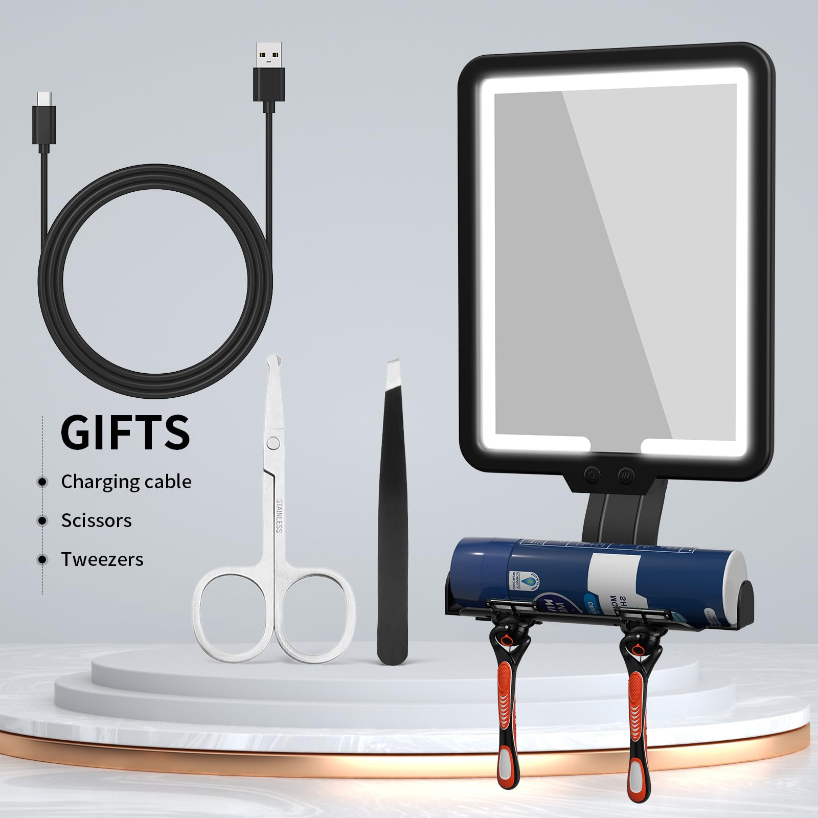 Lighted Shower Mirror Fogless for Shaving, Heated Fog Free Large 9.5*7inch 3 Color Modes Dimming Shower Shaving Mirror with Light, Rechargeable Anti-Fog Shower Mirror with Storage Tray & Razor Holders