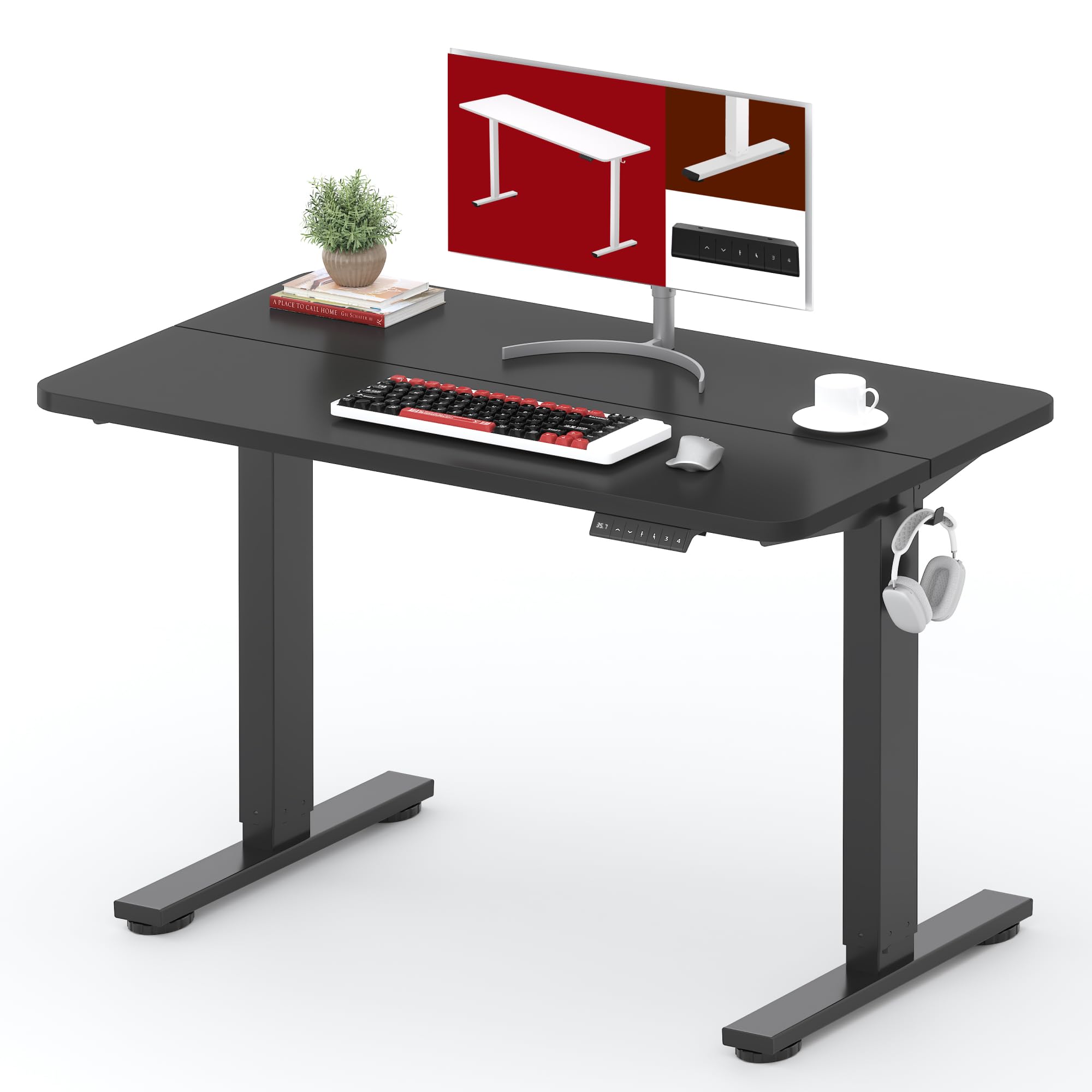 SANODESK Height Adjustable Electric Standing Desk 40x24 Inches, Sit Stand Desk with Splice Board for Home Office, Ergonomic Computer Workstation, Study & Gaming, Black Frame/Black Top Image