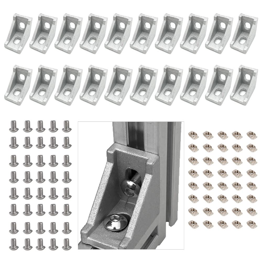 Yeebyee Right Angle Corner Bracket Gusset 2 Hole with M5 Screws and T-Nuts,28mm x 28mm for 6mm Slot 2020 Series Aluminum Extrusion Profile, 20pcs/Pack (Silver-20Series) โ image 1