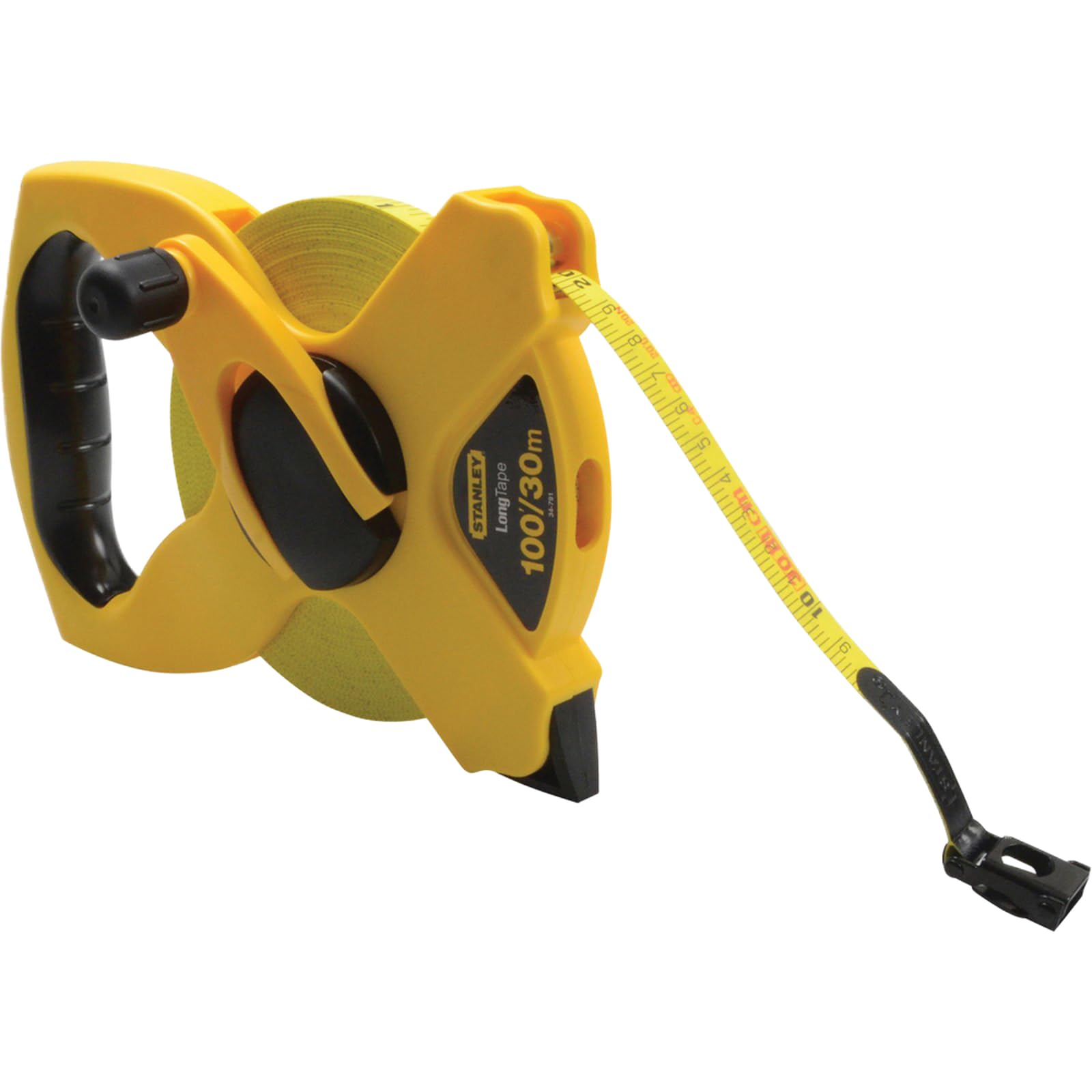 Stanley open reel fibre glass tape 30 metres. Washable blade is non corrosive and resists fading. Printed on both sides. Bi-material grip for comfort. Fast rewind crank with rotating fingertip knob. High impact, high visibility ABS case.