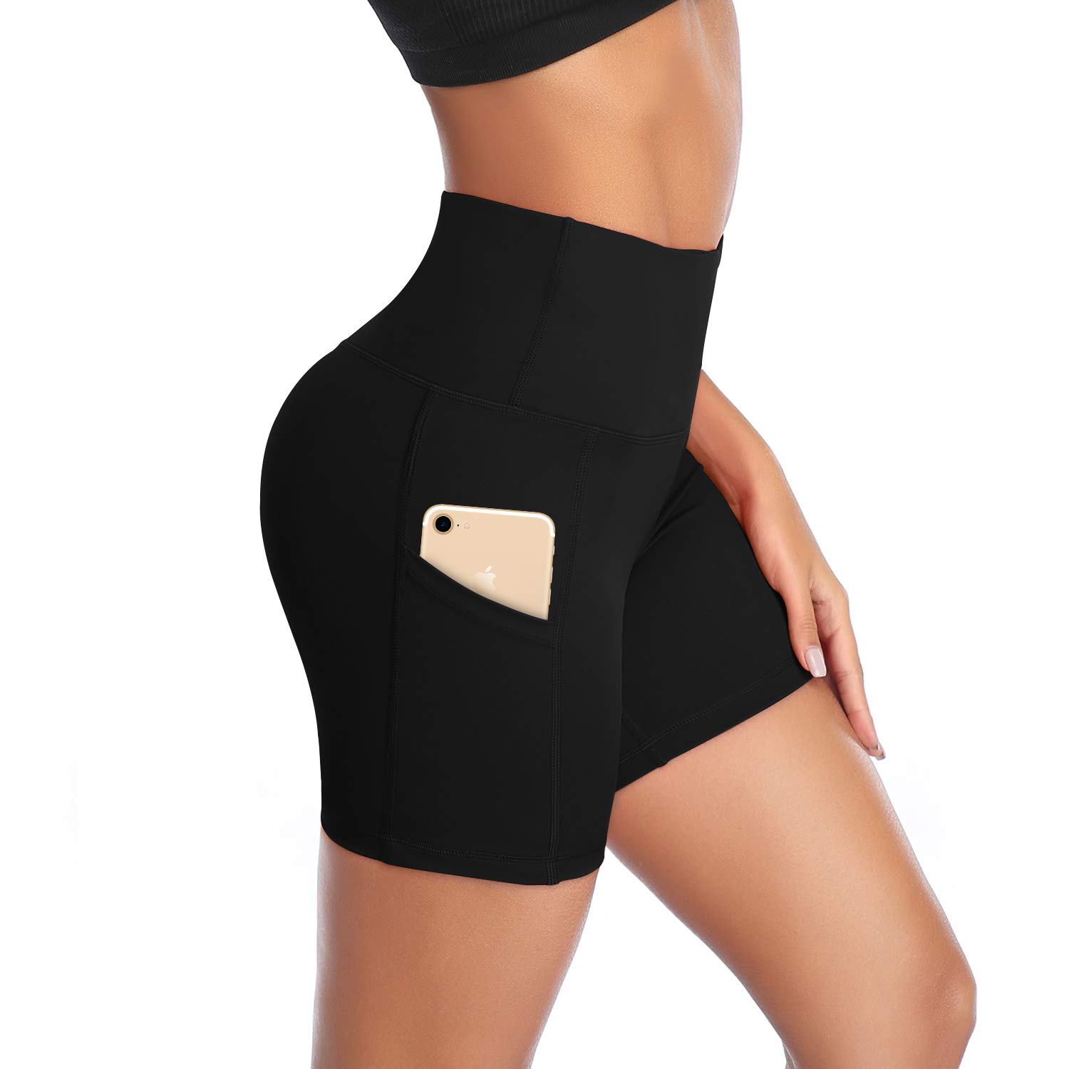 DAYOUNG Pantalones cortos de yoga para mujer, cintura alta, control de barriga, entrenamiento, motociclista, correr, pantalones cortos de compresión atléticos con bolsillos Y27-Negro-M