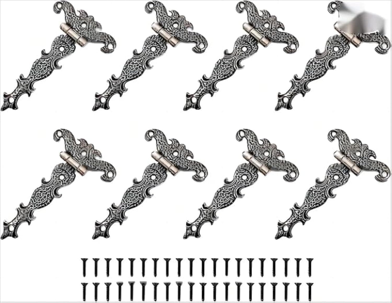 8Pcs Zinc Alloy Cabinet Hinges Decorative Retro Carved Hinges for Doors Cupboard Jewelry Case Box (T-Strap Style)