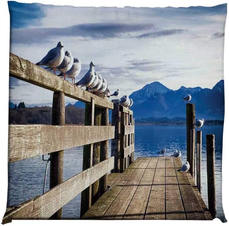 YOLIYANA Landscape Durable Square Chair Pad,Seagulls on Old Wooden Jetty Lakeside Hills in Bavaria Landscape Picture for Bedroom Living Room,One Size