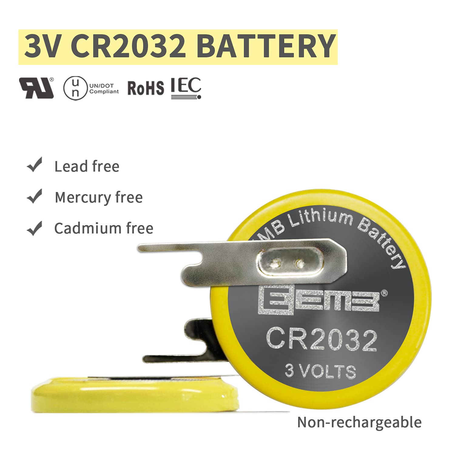 EEMB 10PACK Tabbed CR2032 Battery with Solder Tabs 3V Lithium Battery 2032 Coin Cell Lithium Batteries with PCN Tabs for Sensor Radio Gameboy Battery Replacement