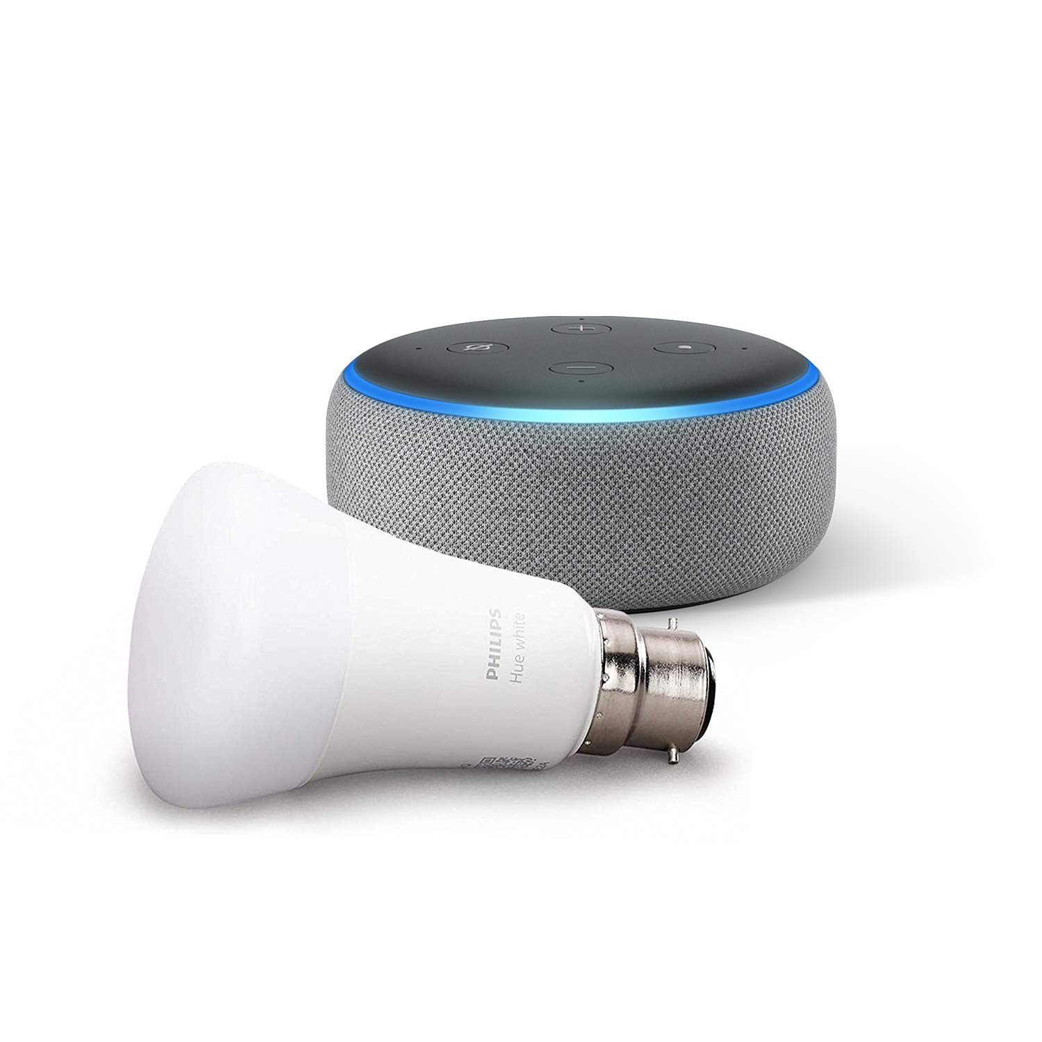Echo Dot (3rd Gen), Heather Grey Fabric Philips Hue White Smart Bulb LED  (B22) Bluetooth ZigBee compatible (no hub required)