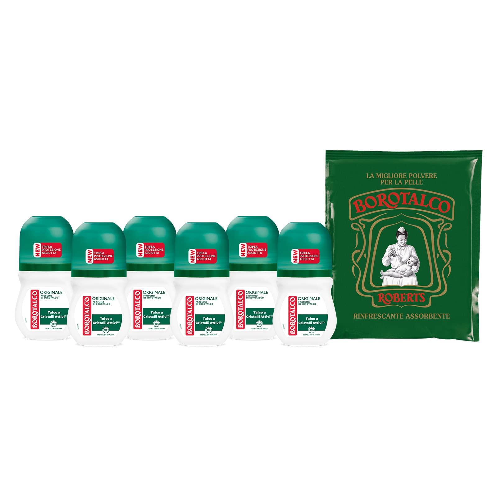 Borotalco, Roll-On Original Deodorant with Microtalc, Sweat Absorbing, Alchol - 6 Bottles of 50 ml