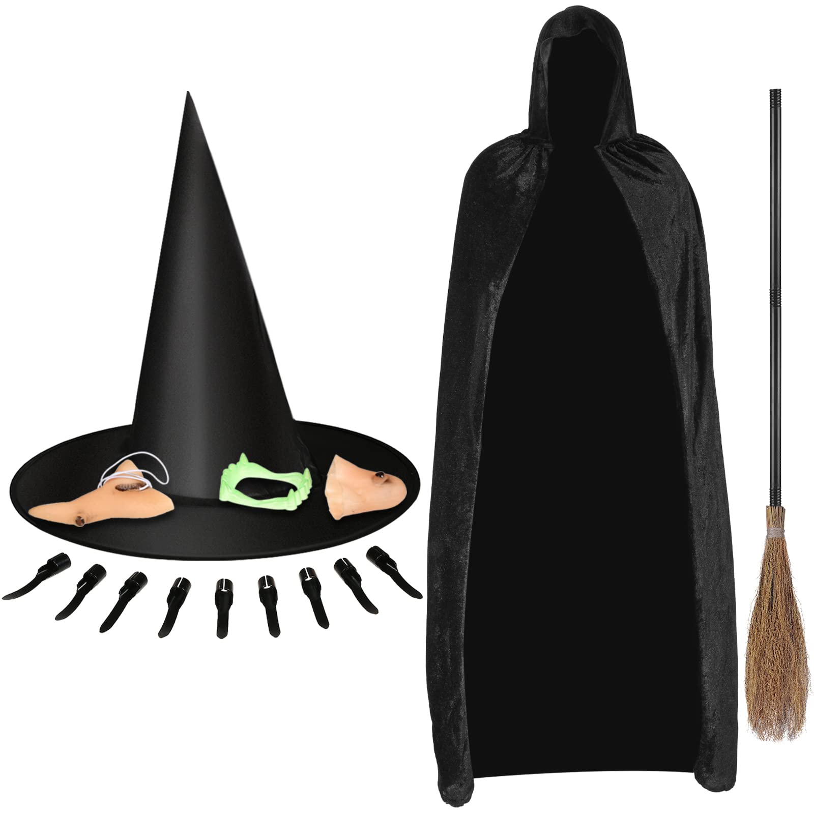 Photo 1 of 16 Pcs Halloween Witch Costume Sets Include Retractable Witch Broom, Black Hooded Wizard Robe, Witches Hat, Nose, Chin, Teeth and 10 Plastic Nails for Halloween Costume Party Cosplay Game Props