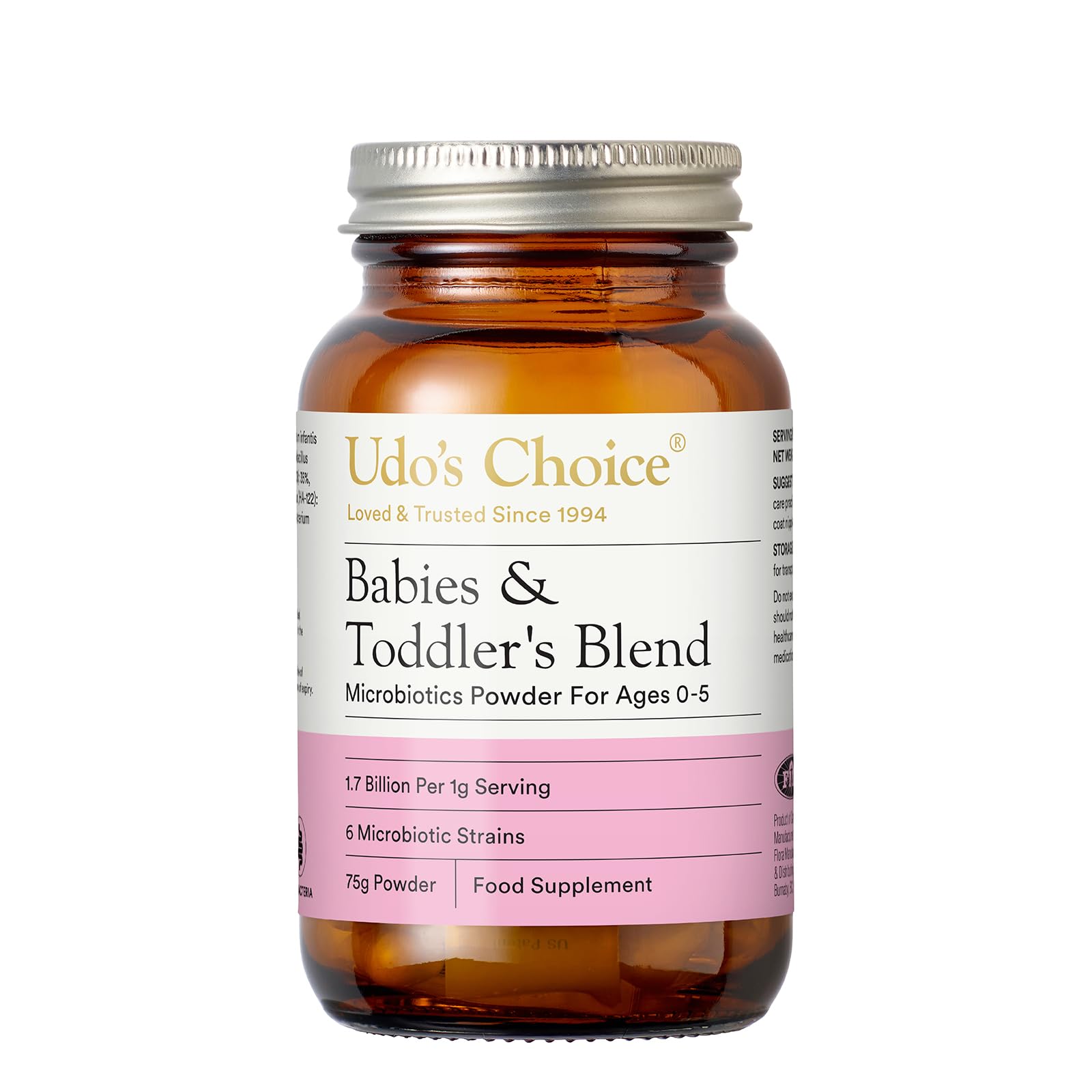 UDO’s Choice Babies & Toddlers Blend Probiotics - 6 Infant-Friendly Microbiotic Strains - 1.7 Billion Live Cultures - Bifido & Lacto Bacteria -for Ages 0-5 - Gluten & FOS Free -75g Powder