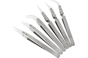 EATHEATY 6 Pcs Precision Ceramic Reverse Solder Tweezers, Non-Conductive, Anti-Magnetic Pointed & Curved Tips Tweezers Set, Cross Lock Fiber Grip Soldering Tool, Heat-resistant Electronics Tweezers