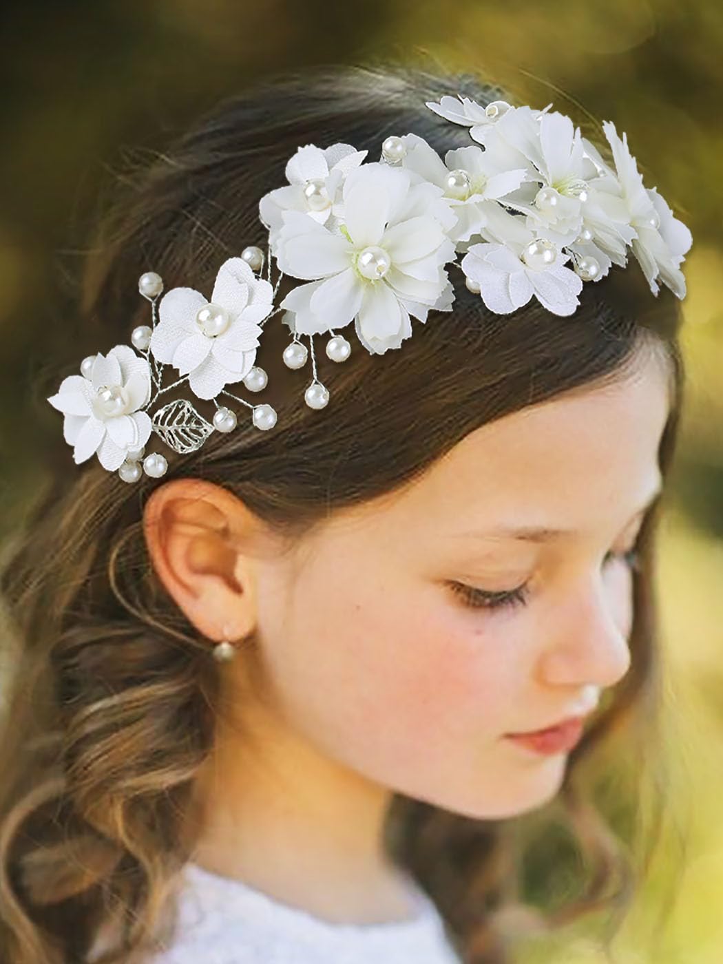 IYOU Floral Wedding Headband Ivory Pearl Headpiece Bridal Holy Communion Hair Accessories for Flower Girls