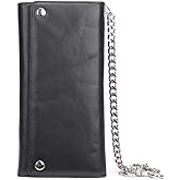 NIUCUNZH Mens Genuine Leather Chain Wallet: Biker Trucker Long Trifold wallet Heavy Duty Black