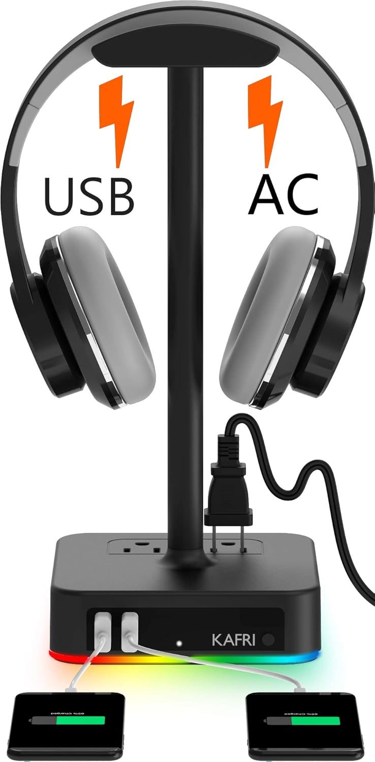 RGB Headphone Stand with USB Charger KAFRI Desk Gaming Headset Holder Hanger Rack with 2 USB Charging Ports and 2 Outlet - Suitable for Gamer Desktop Table Game Earphone Accessories Boyfriend Gift