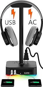 RGB Headphone Stand with USB Charger KAFRI Desk Gaming Headset Holder Hanger Rack with 2 USB Charging Ports and 2 Outlet - Suitable for Gamer Desktop Table Game Earphone Accessories Boyfriend Gift