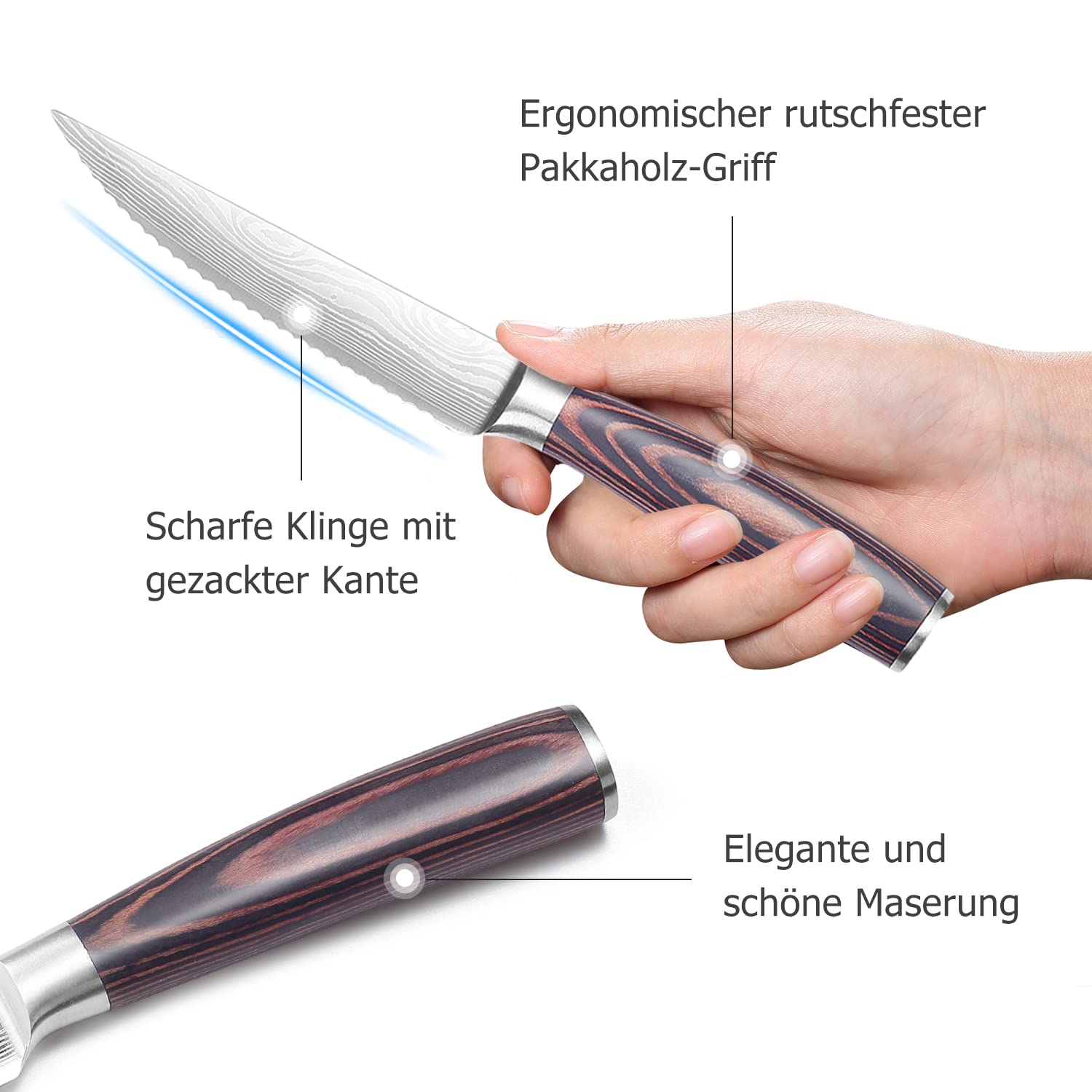 PAUDIN Steakmesser 6-teiliges Set, hochwertiger deutscher Edelstahl Steak Messer, ultrascharfe gezackte Klinge und ergonomischer Holzgriff, Tafelmesser mit Geschenkbox 3