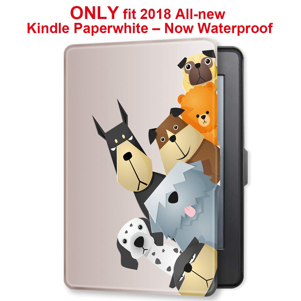 Young memartShell Case for 2018 All-New Kindle Paperwhite with Hand Strap - The Thinnest and Lightest Leather Cover Auto Sleep/Wake for Kindle Paperwhite 10th Generation (Dogs Family)