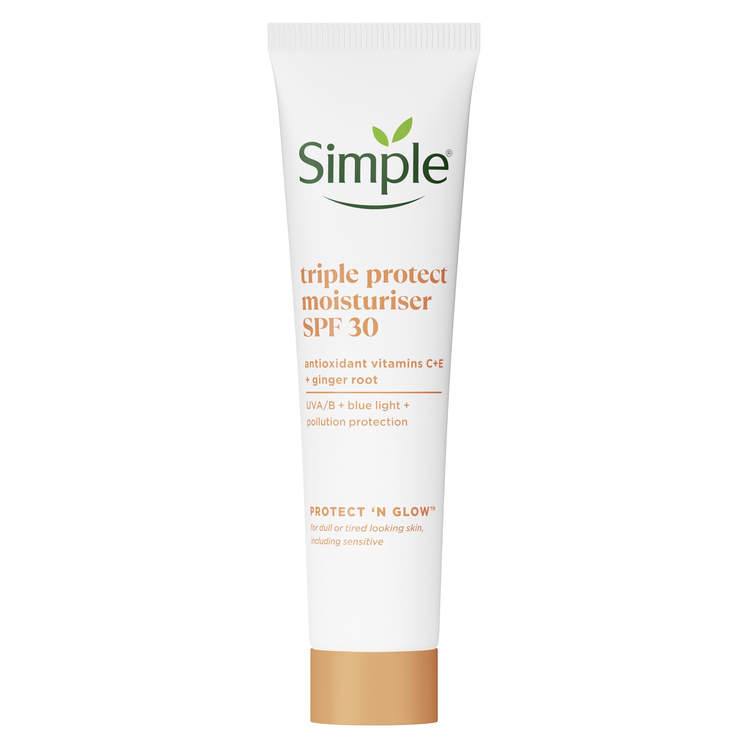 Simple Triple Protect Moisturiser SPF 30 – 3x Protection from UVA/UVB, Blue Light & Pollution with Vitamin C & E – Brightens Dull, Sensitive Skin for a Glowing Complexion 40 ml