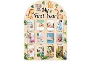 ORIGACH My First Year Baby Growth Photo Display Wood Board - 12 Months Newborn Milestones Picture Frame - Neutral Baby Keepsake Board 1st Birthday Party Nursery Decor New Mom Gift - Jungle Animals