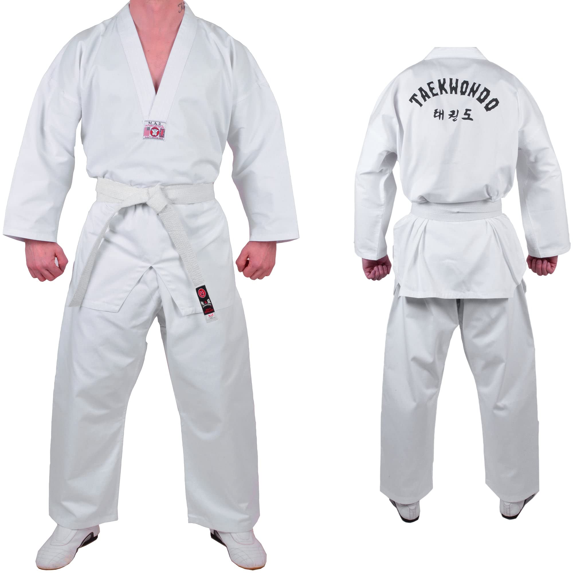 MAR | Taekwondo White Uniform Suit White Colour V-Neck, Sparring Gear Unisex Kids & Adult Martial Arts Taekwondo Gi Student Suit Taekwondo Polycotton Medium Weight 8oz Fabric + FREE BELT (1/140)