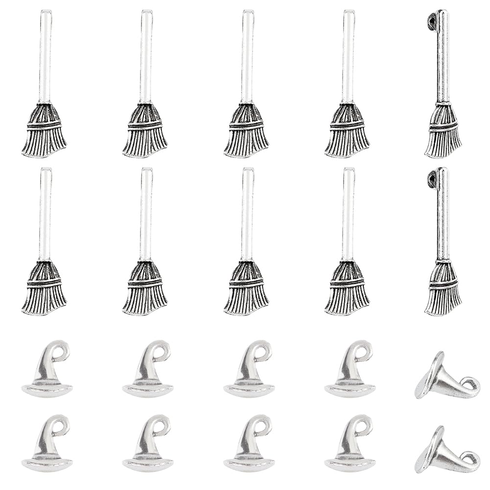 SUPERFINDINGS 140pcs 2 Style Witch Hat and Broom Jewelry Pendant Tibetan Style Charms Halloween Themed Style Necklace Decoration for DIY Earrings Necklace Bracelet Jewelry Supplies