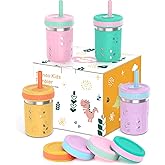 Tronco [4 Pack] 10 oz 2-in-1 Stainless Steel Kids Tumbler Cups with Silicone Sleeves, Spill-Resistant Flexible Straws & Storage Lids, BPA-Free Smoothie and Snack Cups, Dishwasher Safe