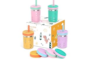 Tronco [4 Pack] 10 oz 2-in-1 Stainless Steel Kids Tumbler Cups with Silicone Sleeves, Spill-Resistant Flexible Straws & Storage Lids, BPA-Free Smoothie and Snack Cups, Dishwasher Safe