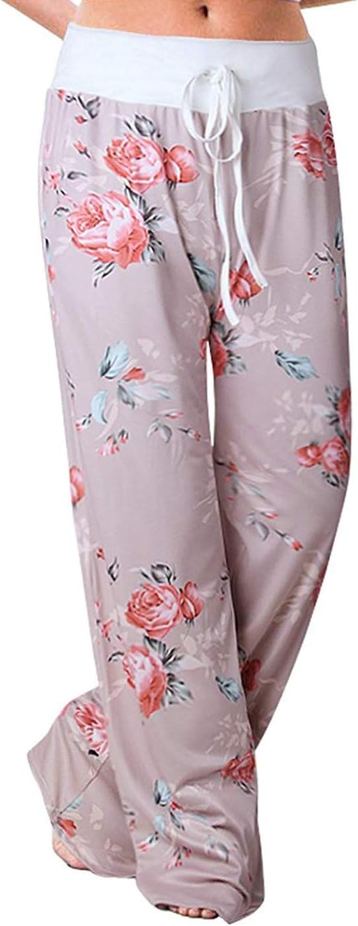 iChunhua Women's Comfy Stretch Floral Print Drawstring Palazzo Wide Leg Lounge Pant