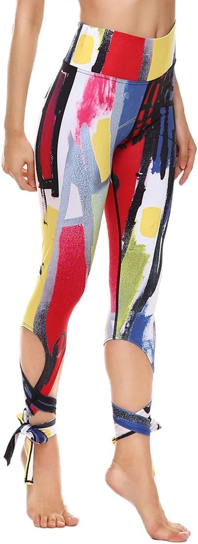 Womens Digital Print Bandage Tie Workout Capri Leggings Tights