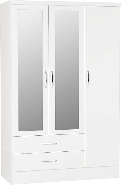 Seconique Nevada 3 Door 2 Drawer Wardrobe White Gloss Metal Handles